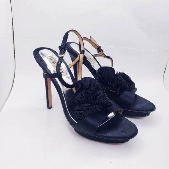 Badgley Mischka Black Adele Flower Ankle Strap Heels Shoes Women's Size 8 - Picture 11 of 11